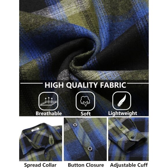 Men's Blue Flannel Plaid Shirts Long Sleeve Button Down Casual Fall Shirt - Picture 5 of 6